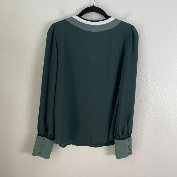 Express Womens Small V Neck Long Sleeve Blouse Green Shirt Preppy Academia - Picture 8 of 10